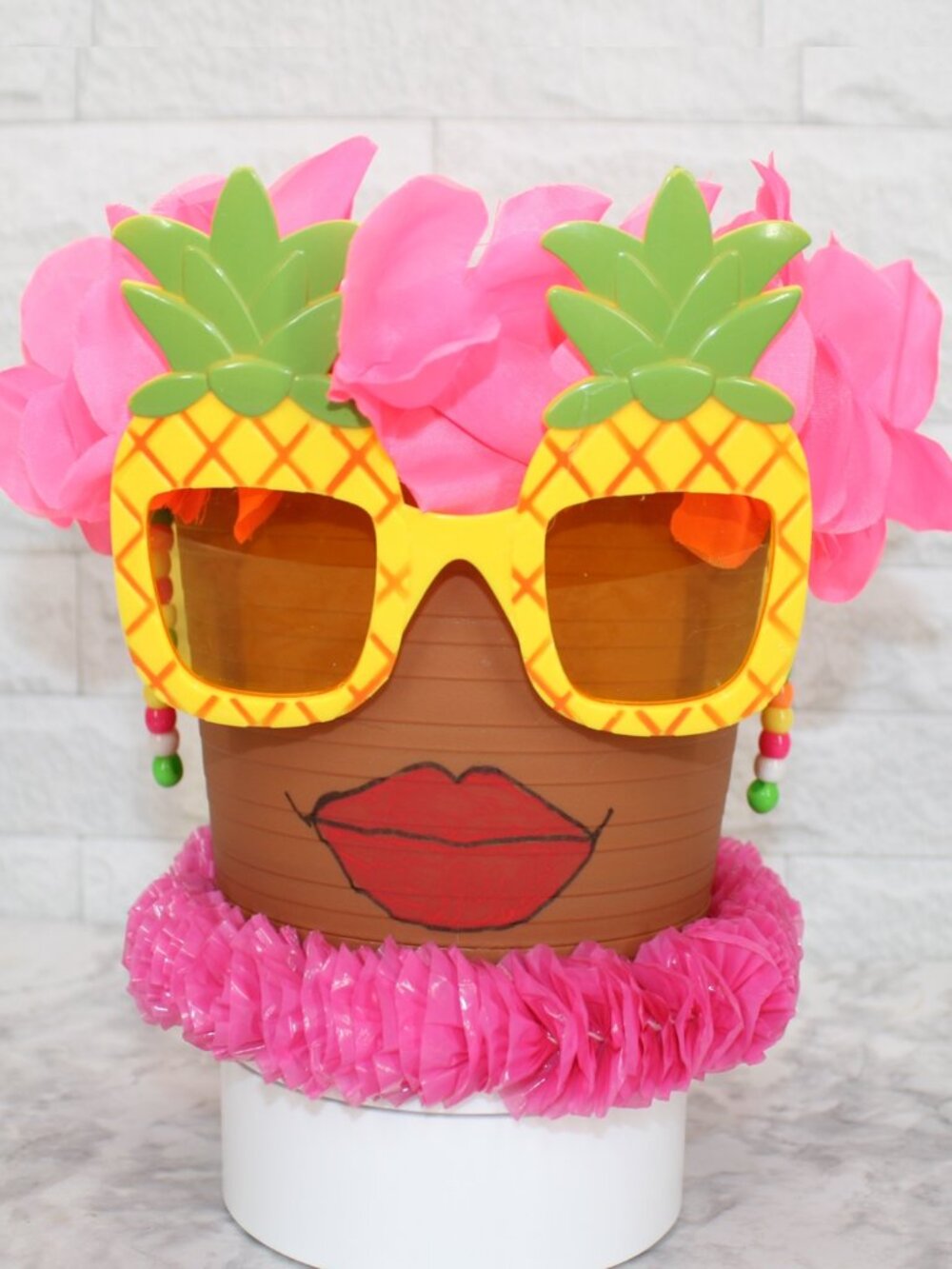 HAND CRAFTED Pot Head Pineapple Planter Upcycled Lady Face Luau Decor